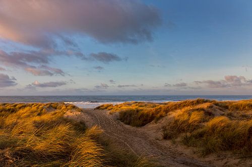 Winterlicht en wolken in de duinen en boven zee