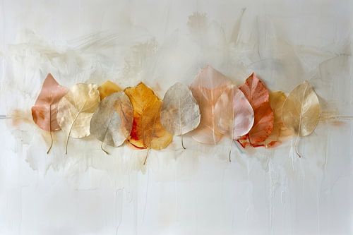 Abstract schilderij met bladeren op een witte achtergrond.
