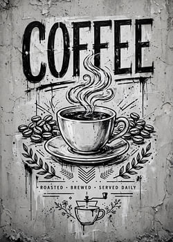 Black and white coffee wall art poster with a steaming cup, coffee beans, and typography.