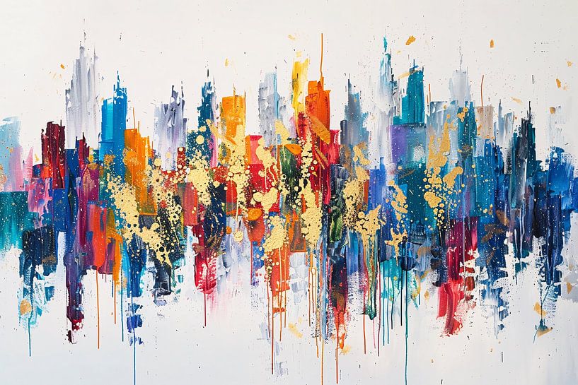 Colourful abstract city with dynamic paint splashes by Art & Soul Creations