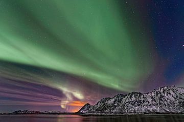 Aurora Borealis,het Noorderlicht boven de Lofoten,Noorwegen. van Tilly Meijer