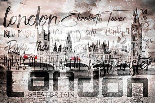 Urban-Art LONDON Huizen van het Parlement & rode bussen II