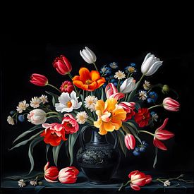 Bloemstilleven, tulpen en korenbloemen van Peter Heeling