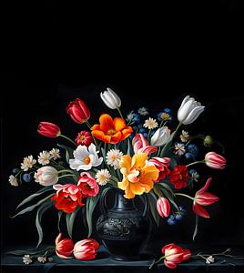 Flower still life, tulips and cornflowers by Peter Heeling