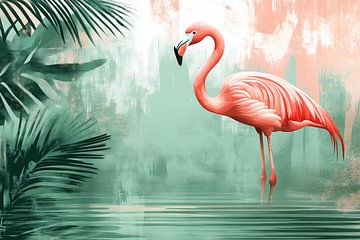 Flamingo von Tropical Water and Palm Trees in grün und rosa