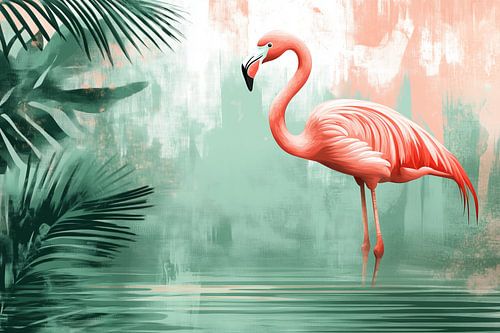 Flamingo by Tropical Water and Palm Trees in green and pink