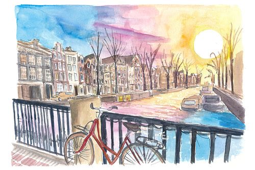 Amsterdam Prinsengracht au coucher du soleil avec le vélo rouge et le canal