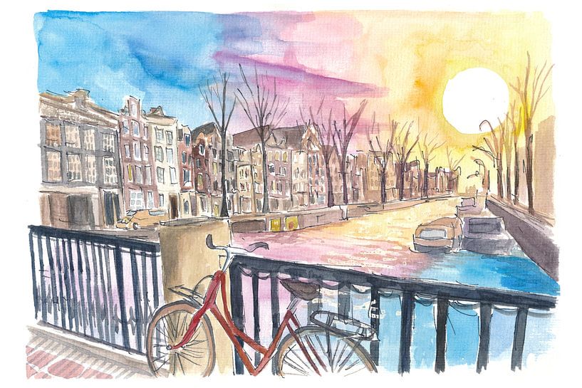 Amsterdam Prinsengracht at sunset with red bicycle and canal by Markus Bleichner