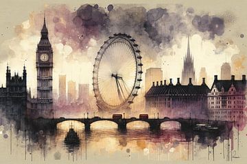 Indrukken van Londen: Aquarel van de iconische skyline van artefacti