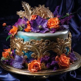 An elaborate cake in orange and purple