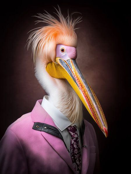 Pelikan Gentleman - Oiseau d'eau élégant en costume rose avec cravate par MArt