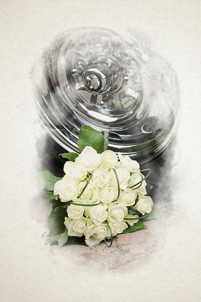 Ein eleganter weißer Rosenstrauß neben einer glänzenden Chromfelge von Youri Mahieu