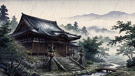 Serene Japanese Temple in Rain by my pixel art