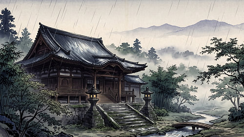 Serene Japanese Temple in Rain