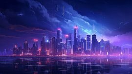 Moderne cyberpunk skyline bij nacht met neonlichten