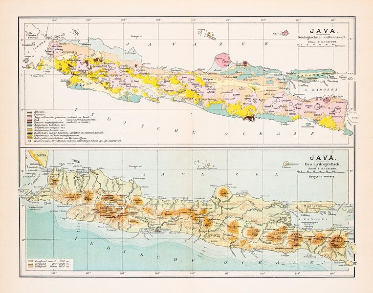 Vintage kaart Java (Geologisch en Oro-hydrografisch) van Studio ...