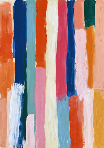 Abstract composition featuring vertical brushstrokes in bright colours