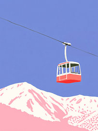 Télécabine rouge sur sommets roses – Art de ski minimaliste sur StudioRemier