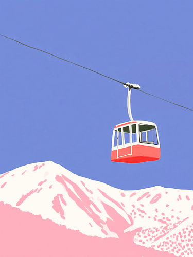 Red Gondola Over Pink Peaks – Minimal Ski Art
