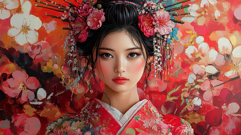 Japanische Frau im roten Kimono von Lufy