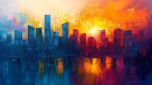 Abstracte skyline grote stad bij zonsondergang