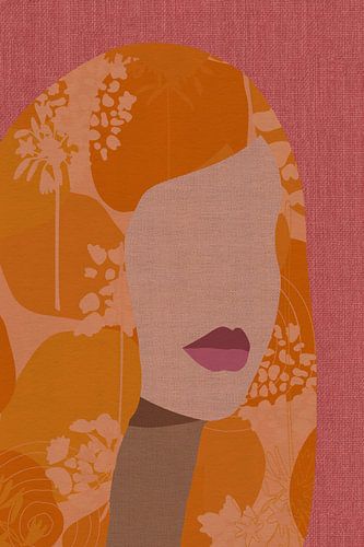 Retro portret in okergeel, roze op linnen