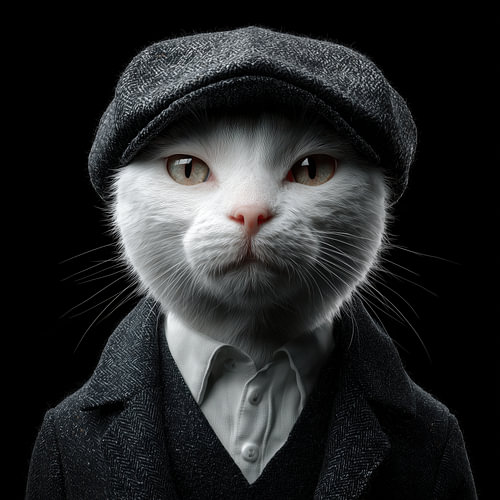 Porträt einer weißen Katze im „Peaky Blinders“-Stil