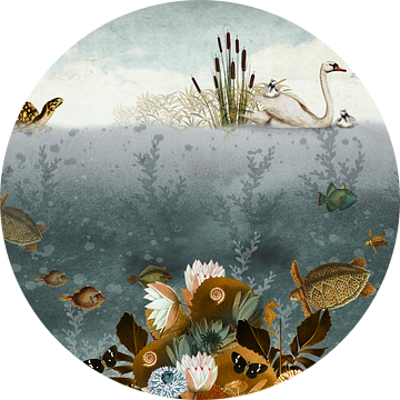 Onderwater wereld met vissen, schildpadden en zwaantjes. van Studio POPPY