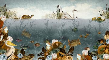 Onderwater wereld met vissen, schildpadden en zwaantjes. van Studio POPPY