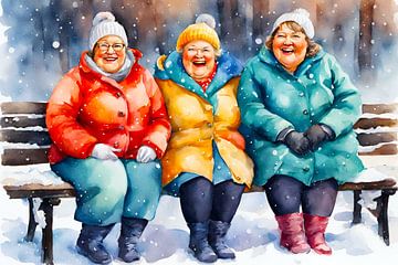 3 ladies on a bench in the snow by De gezellige Dames