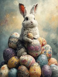 Osterhase zwischen bunten Ostereiern