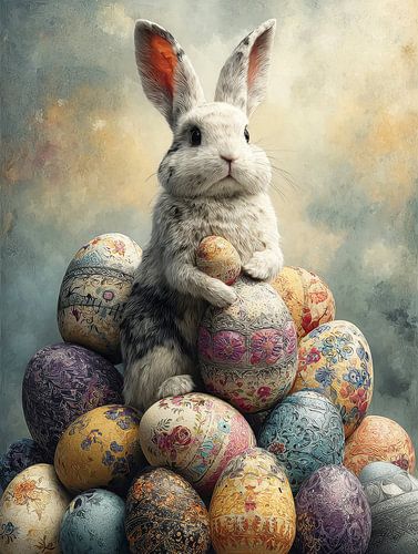 Easter bunny among colourful Easter eggs by But First Framing