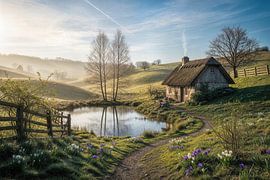 Huisje aan vijver met rieten dak en glooiend heuvellandschap