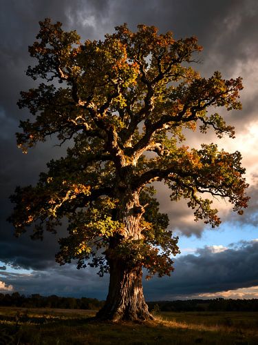 An oak tree in an autumn storm