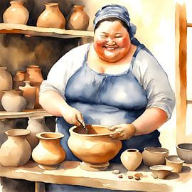 gemütliche Dame mit Kopftuch beim Töpfern von De gezellige Dames