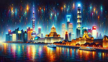 Lichtjesregen in Shanghai bij nacht van artefacti