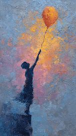 Pijnlijke klim – Surrealistische worsteling van een aan een ballon vastgebonden mens in een emotioneel kunstschilderij van Aden Pink Studio