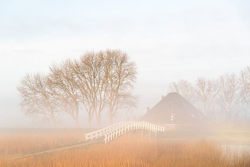Nebel auf Bauernhof mit Brücke von Inge van den Brande