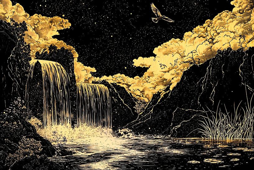 Golden waterfall under starry sky by Art & Soul Creations
