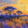 Paysage de savane au coucher du soleil avec des acacias sur Eva Lee