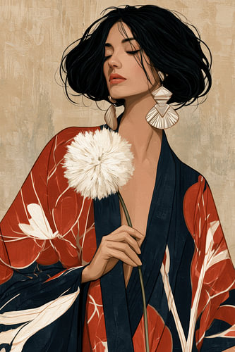 Portrait abstrait et minimaliste d'une femme de profil avec une fleur blanche