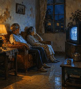 Melancholic Elderly Couple Oil Painting — Nostalgic Vintage Home Wall Decor