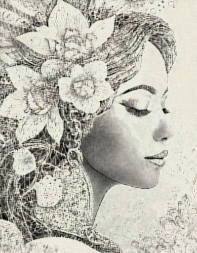 Portrait serein d'une femme avec des fleurs