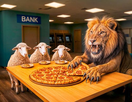 De leeuw krijgt het leeuwendeel van de pizza