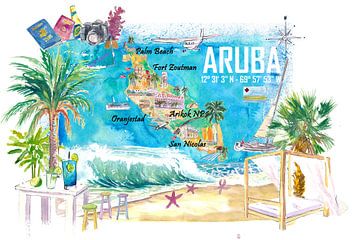 Aruba Nederlandse Antillen Caribisch eiland geïllustreerde reiskaart van Markus Bleichner