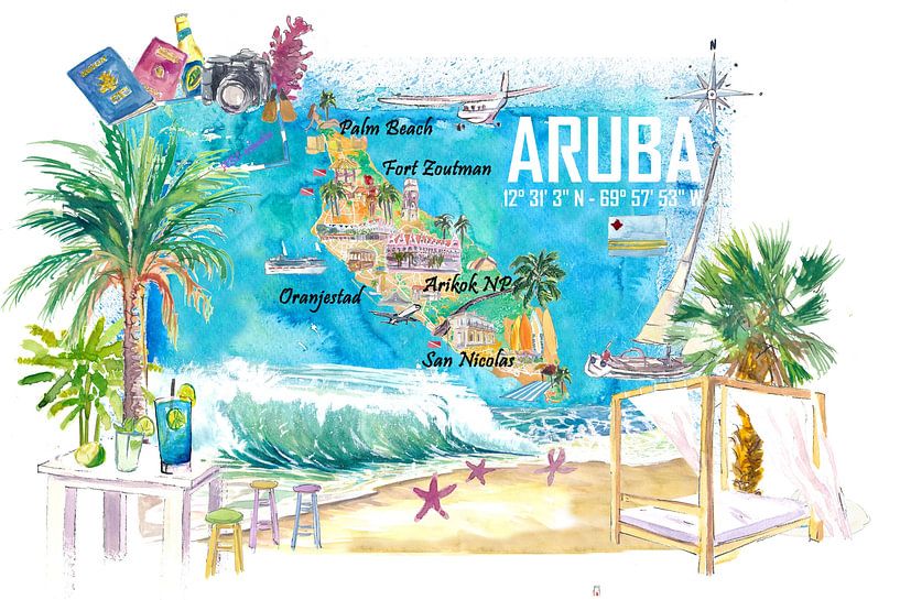 Aruba Niederländische Antillen Karibische Insel Illustrierte Reisekart von Markus Bleichner