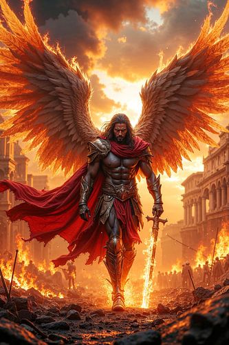 AUREVOR - Een brandende aartsengel schrijdt door een verwoeste stad