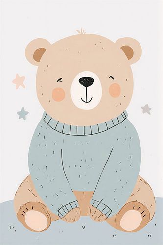 Adorable reproduction d'aquarelle d'un petit ours pour chambre d'enfant - Joli tableau mural représentant un ours en pull dans des tons bleus doux