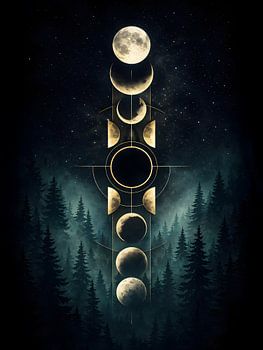 Lunar Phases Over Misty Evergreen Forest