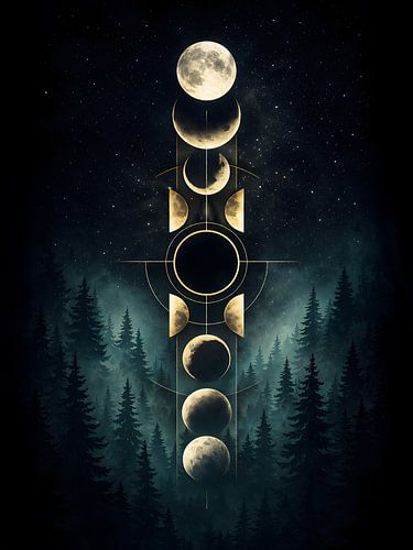 Lunar Phases Over Misty Evergreen Forest